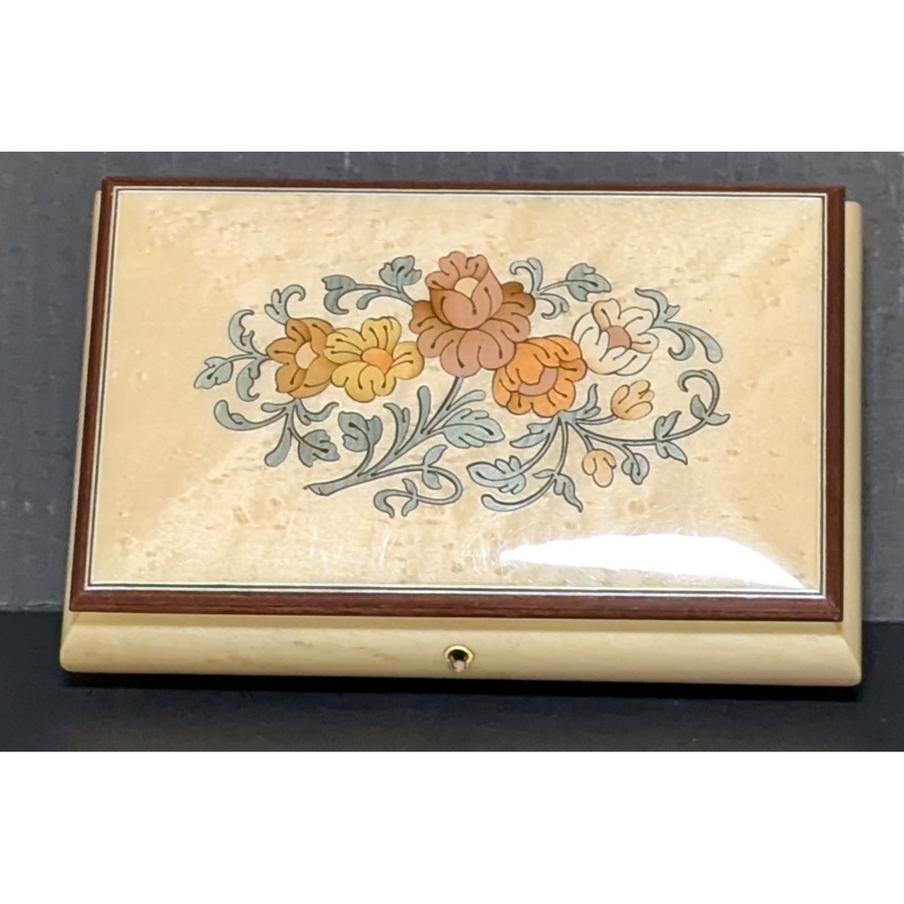 Vtg 1970s Italian Floral Marquetry Jewelry Music Box Works "It's a Small World"